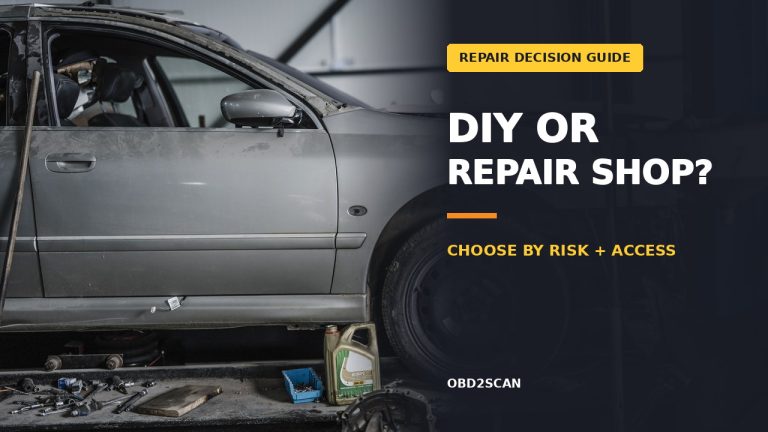 Editorial cover for DIY OR REPAIR SHOP?: CHOOSE BY RISK + ACCESS. Background: Partially disassembled car in a professional workshop with a lift.