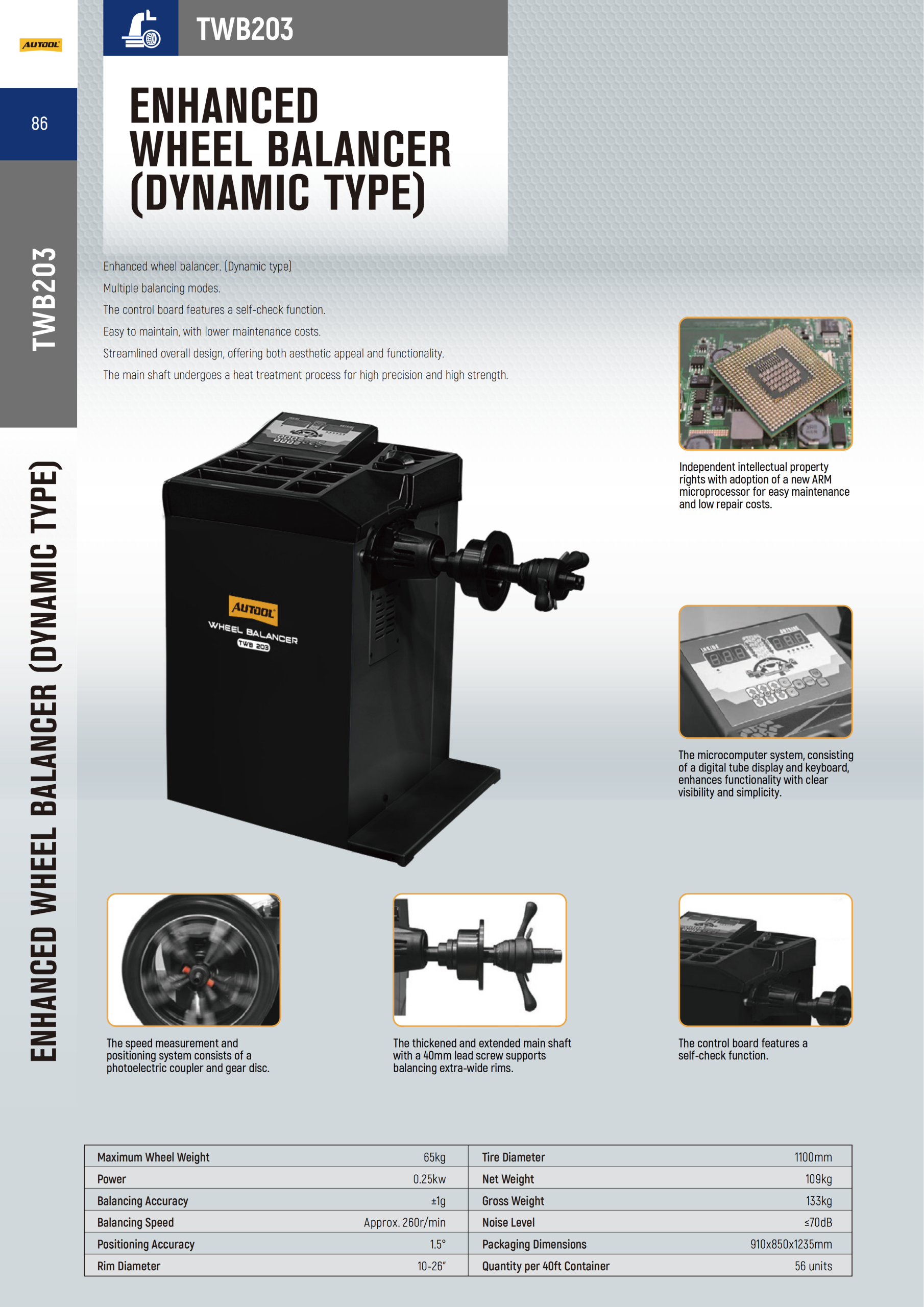 Exact AUTOOL TWB203 enhanced dynamic wheel balancer specification view