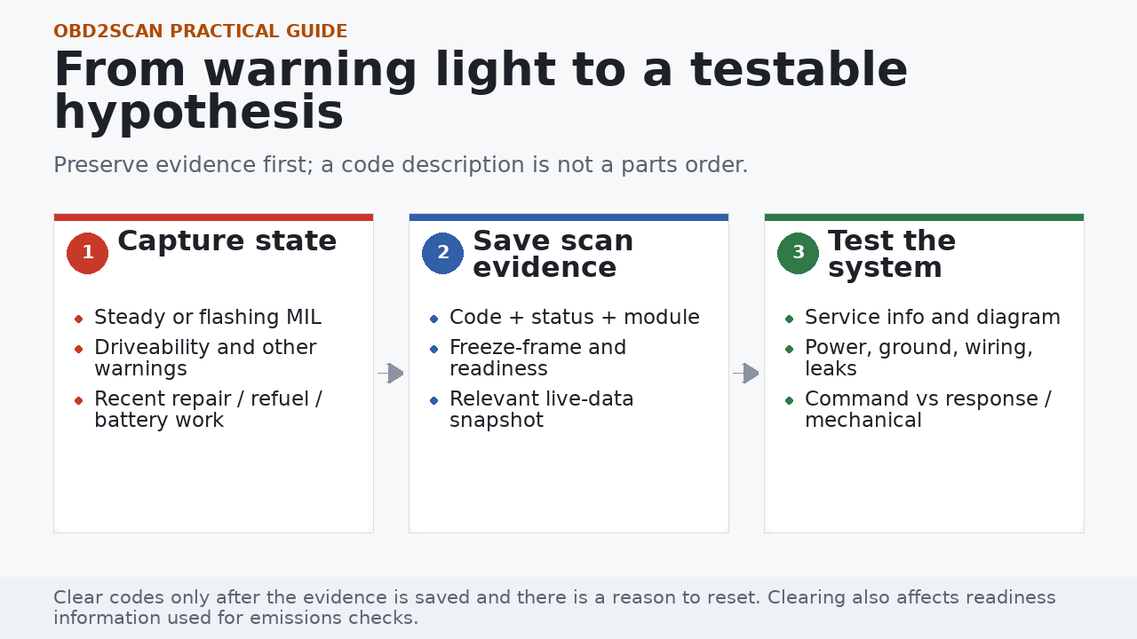 OBD-II diagnostic workflow from warning-light state through saved scan evidence to system testing