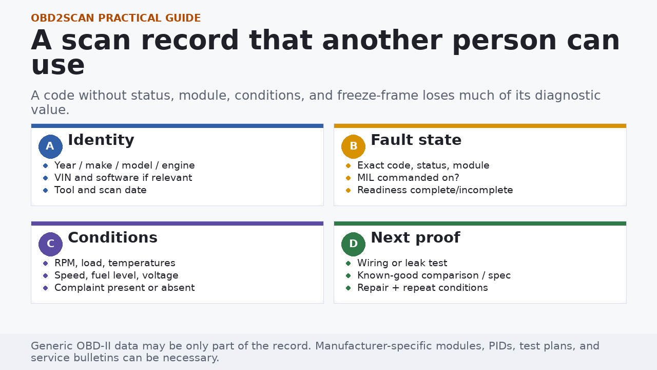 Four-part OBD scan record covering vehicle identity, fault state, operating conditions, and next proof