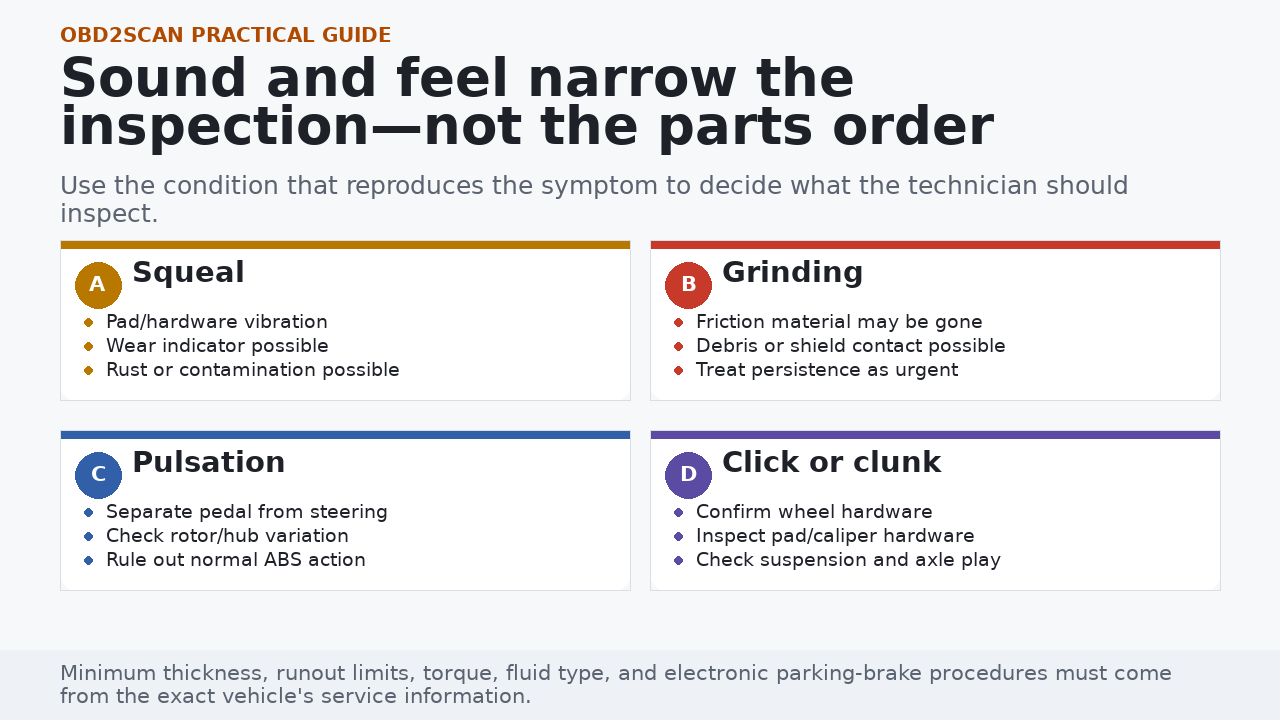 Four-part brake symptom map for squeal, grinding, pulsation, and clicking or clunking