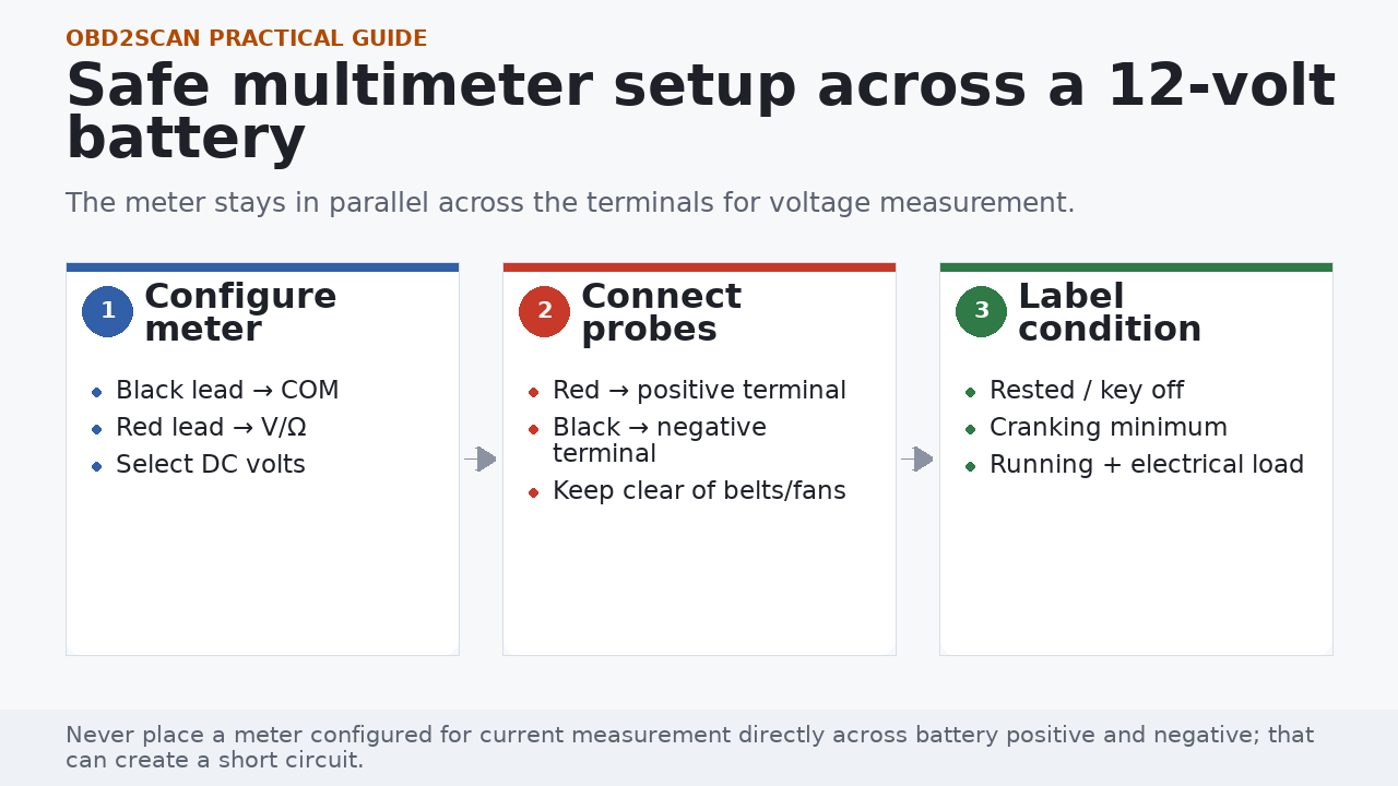 Multimeter setup showing COM and voltage jacks, probe polarity, and three vehicle conditions