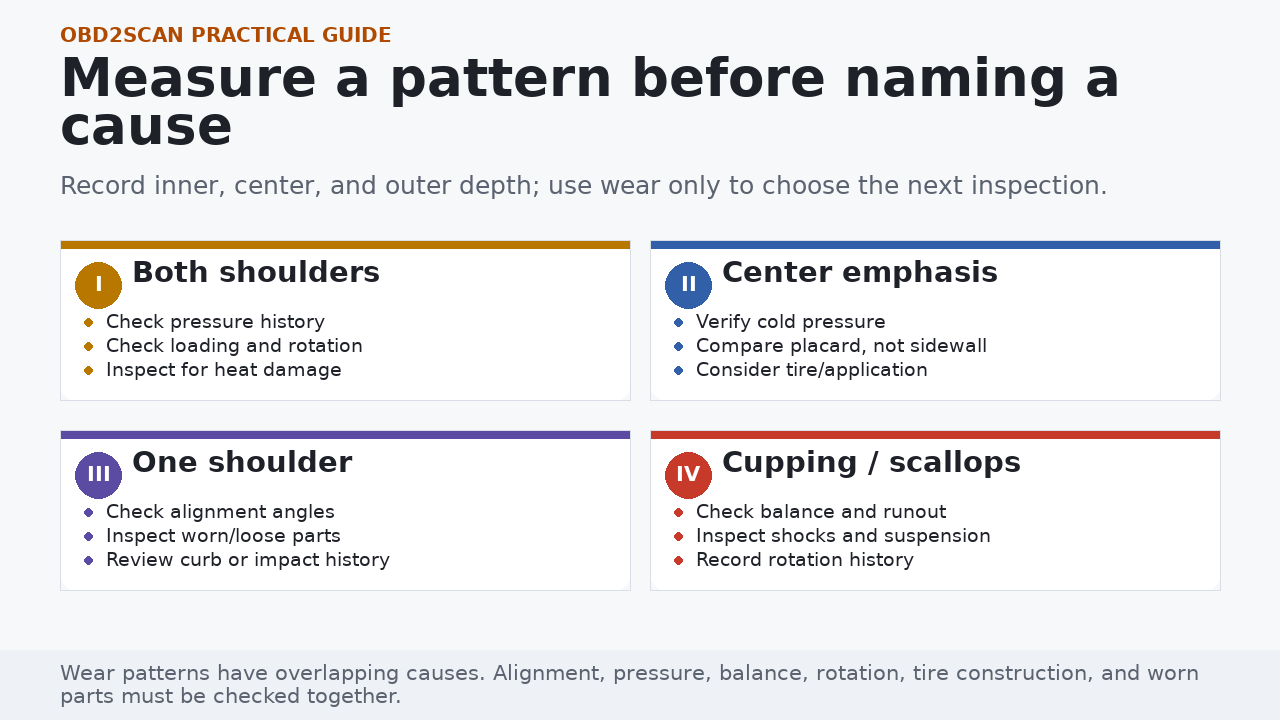 Four tire wear patterns and the corresponding next inspection areas