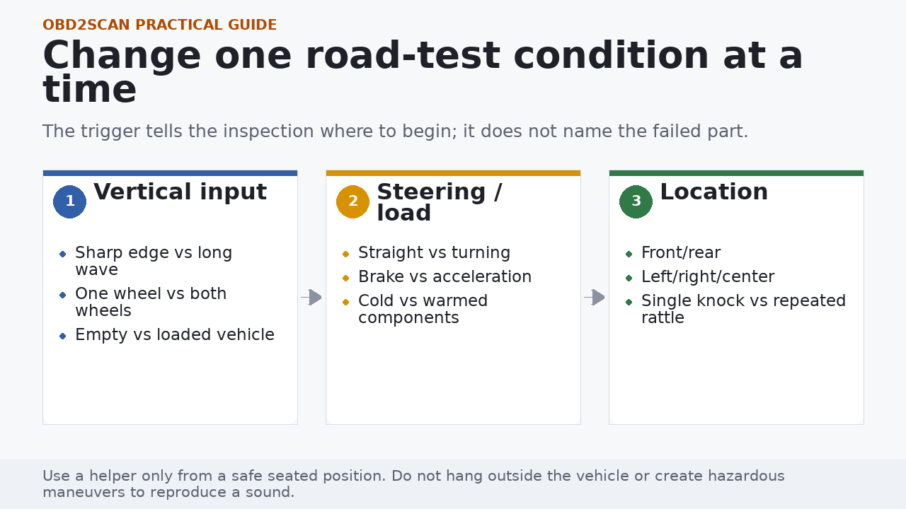 Suspension noise localization by vertical input, steering or load, and perceived location