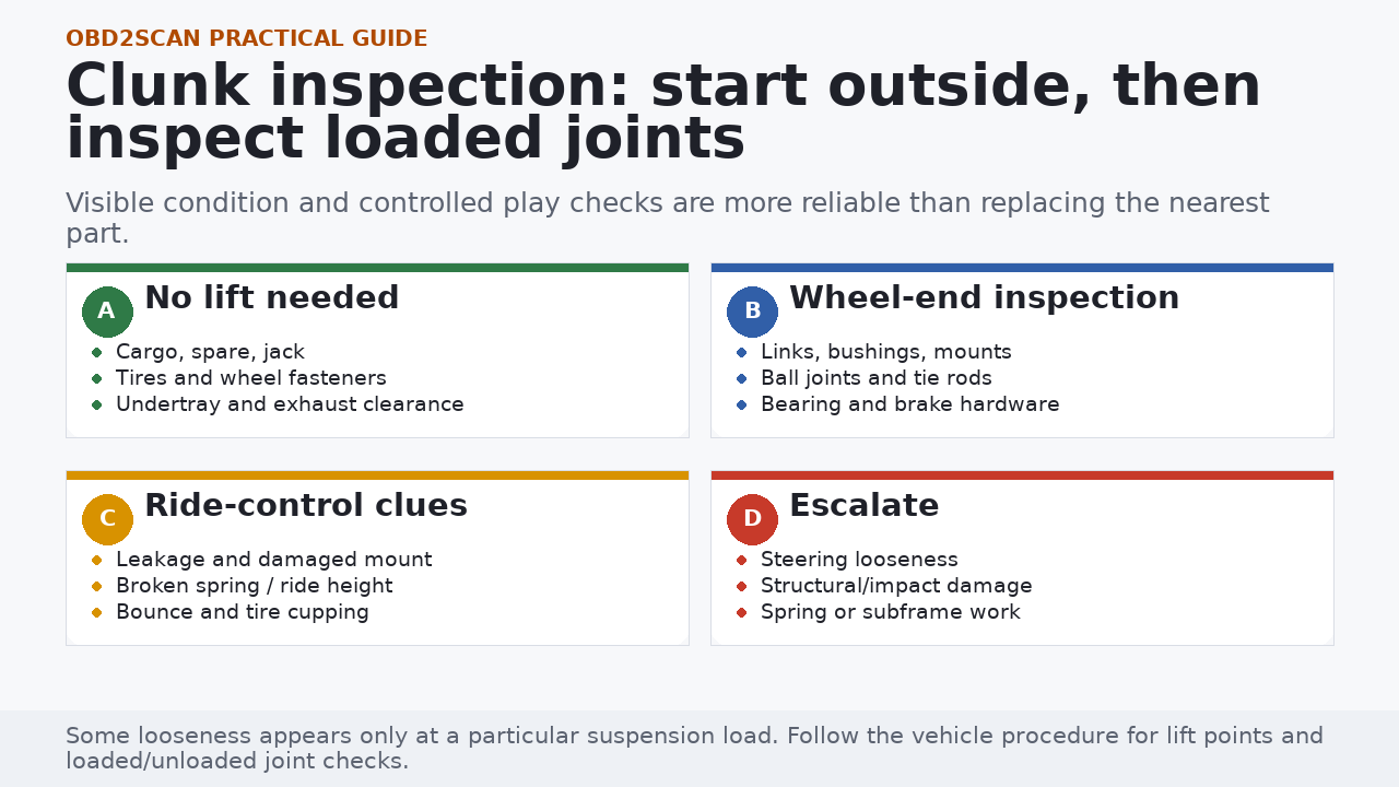 Four-level suspension clunk inspection map from cabin checks to professional escalation