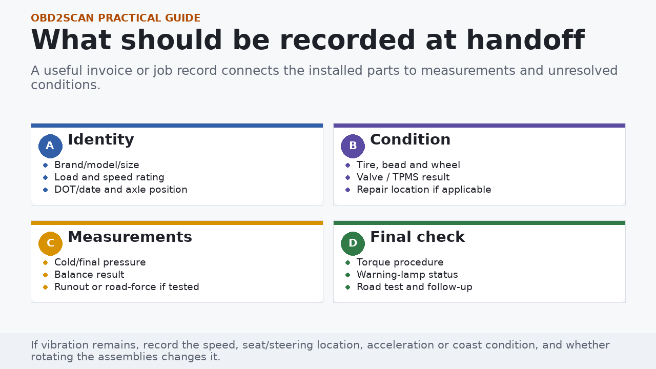 Four-part wheel and tire service record for identity, condition, measurements, and final checks