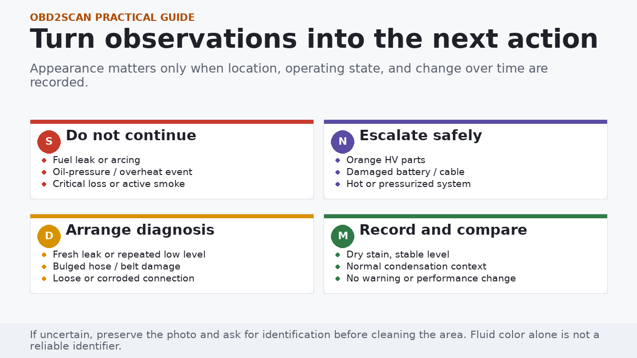 Four engine bay observation actions: stop, no touch, service, and monitor