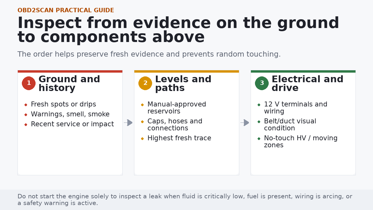 Three-stage engine bay inspection route from ground evidence through fluid paths and electrical or belt zones