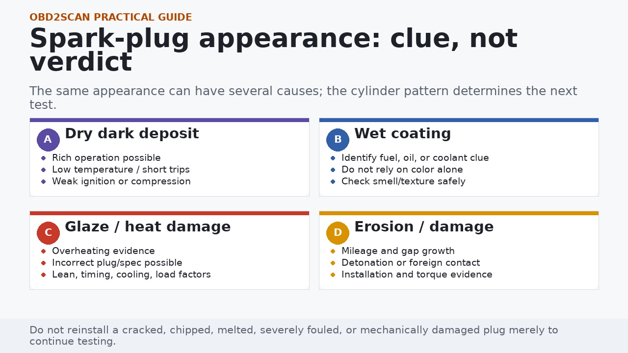 Four spark-plug observation groups: dry deposits, wet coating, heat damage, and erosion or mechanical damage