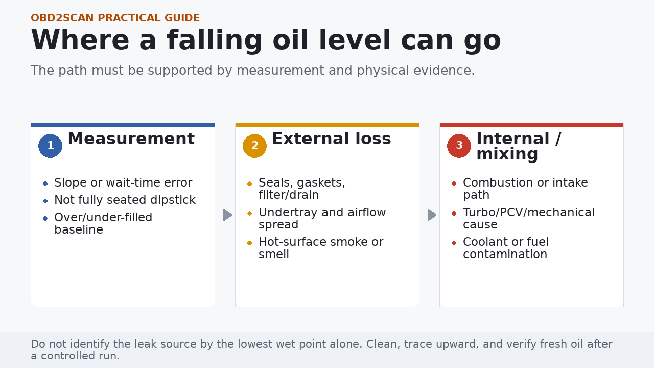 Three possible explanations for a falling oil level: measurement, external loss, and internal consumption or mixing