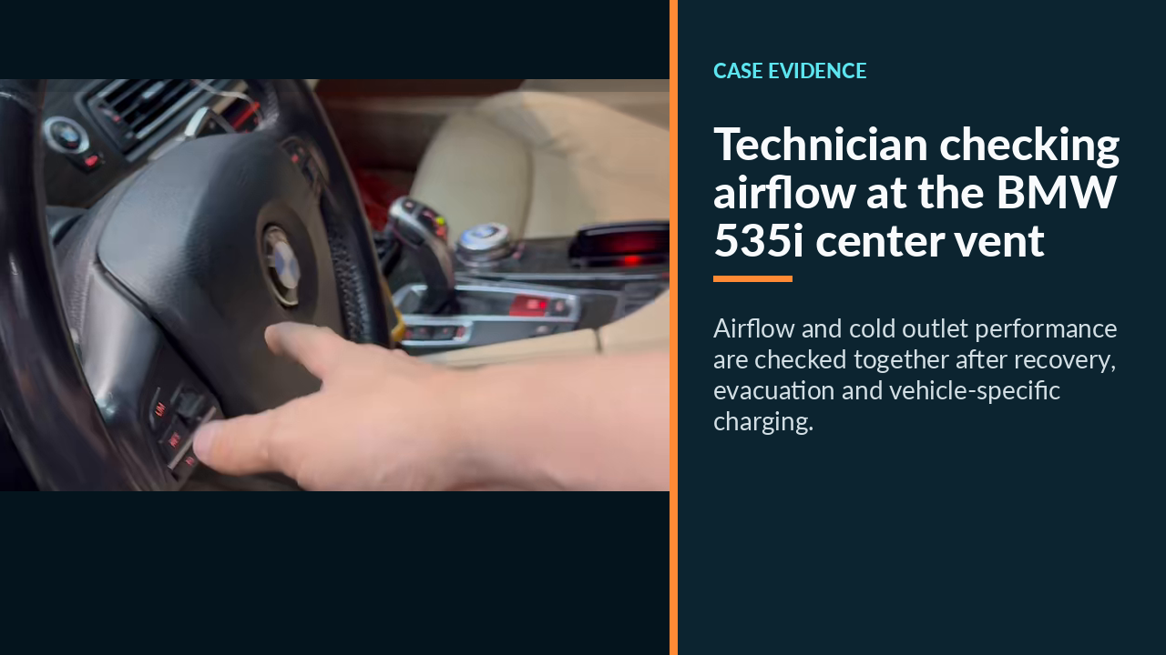 Technician checking airflow at the BMW 535i center vent