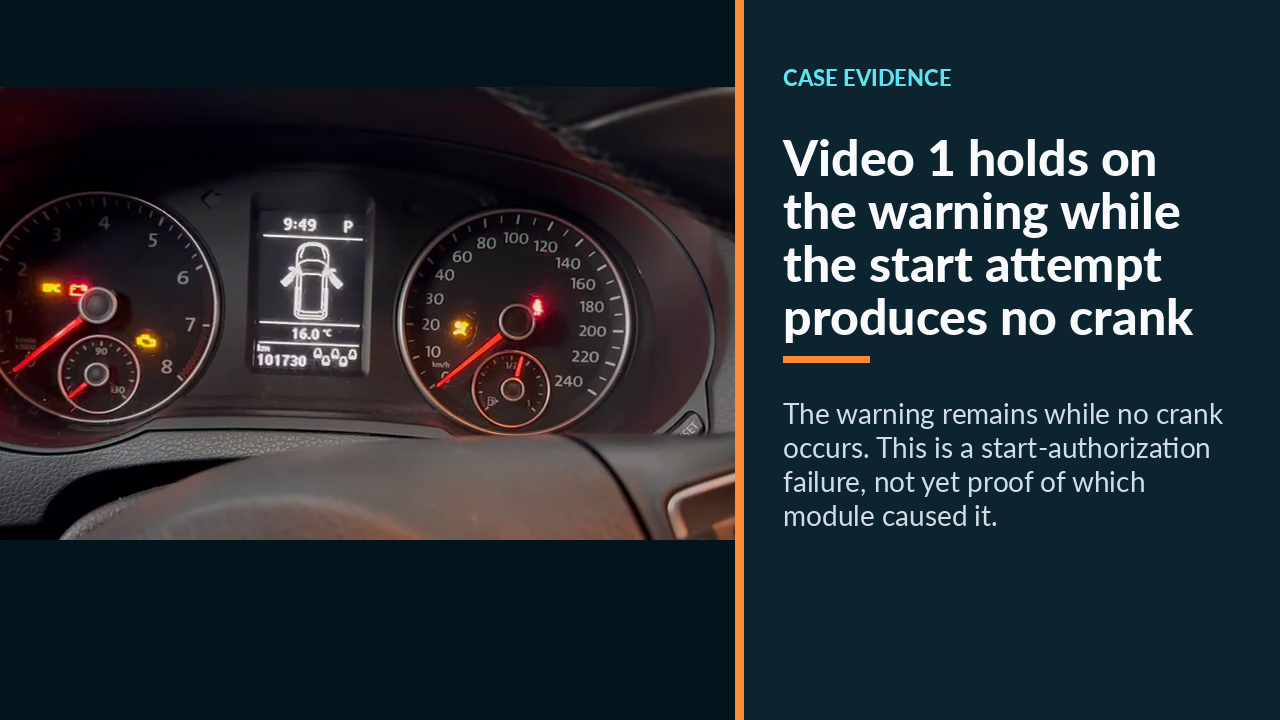 Video 1 holds on the warning while the start attempt produces no crank