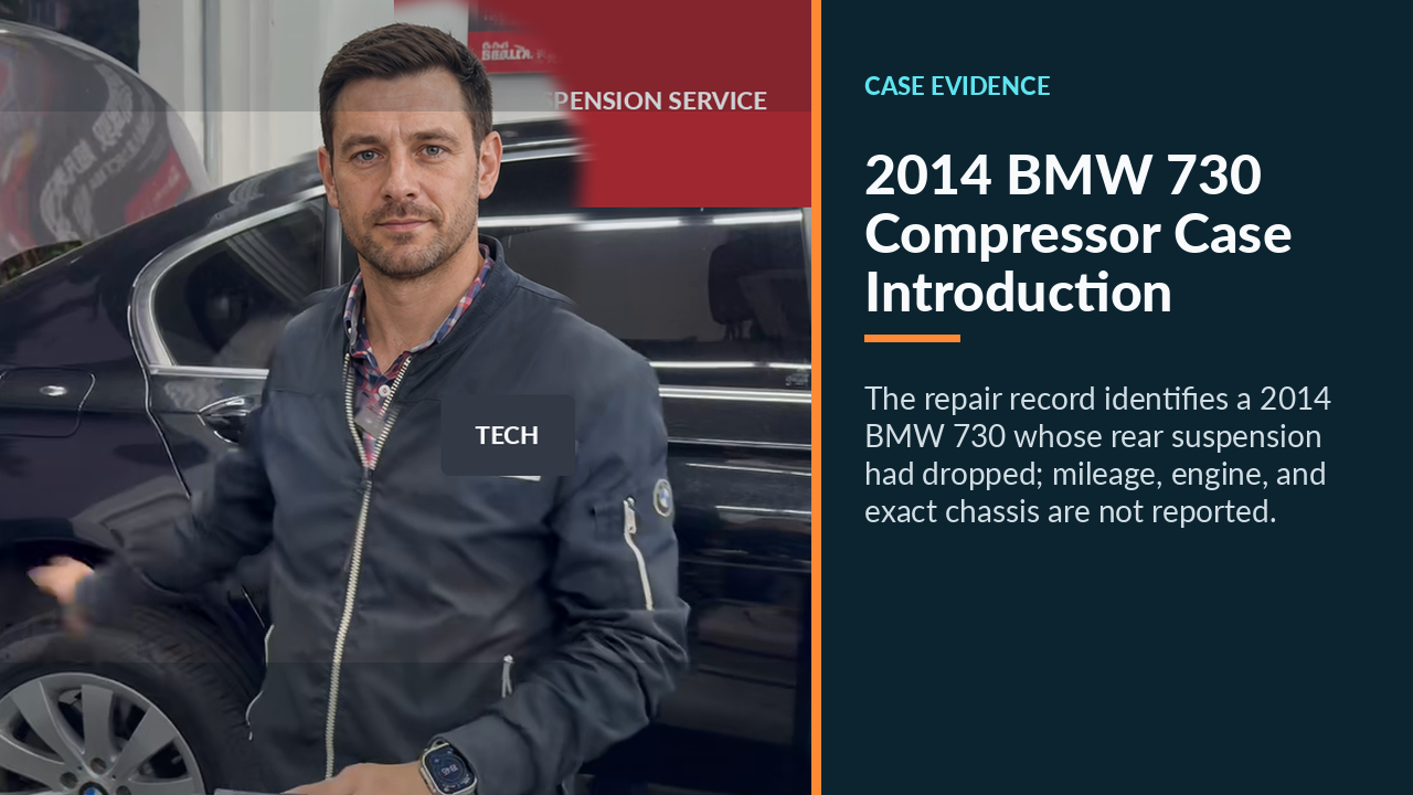 Technician introducing the 2014 BMW 730 suspension case with compressor assemblies on the bench.