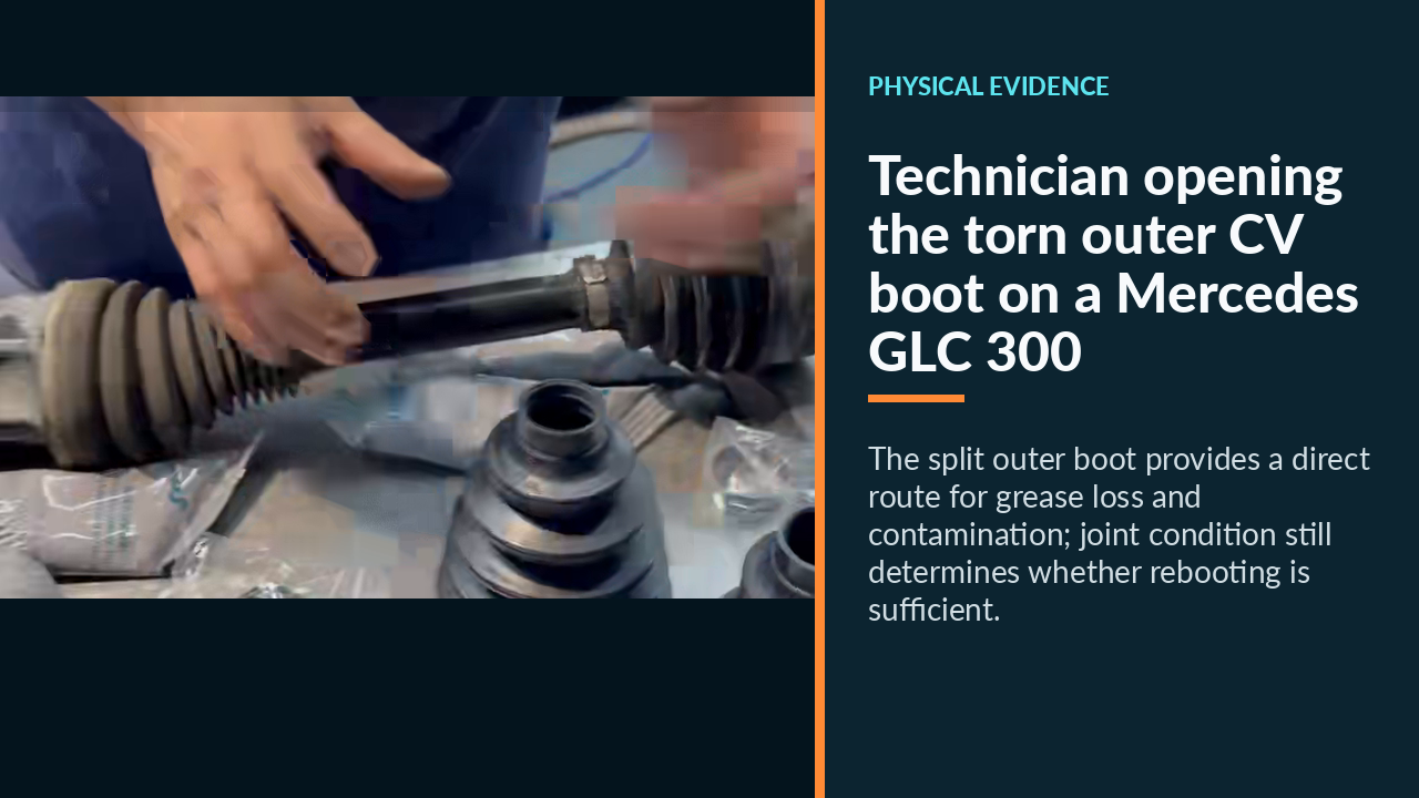 Technician opening the torn outer CV boot on a Mercedes GLC 300