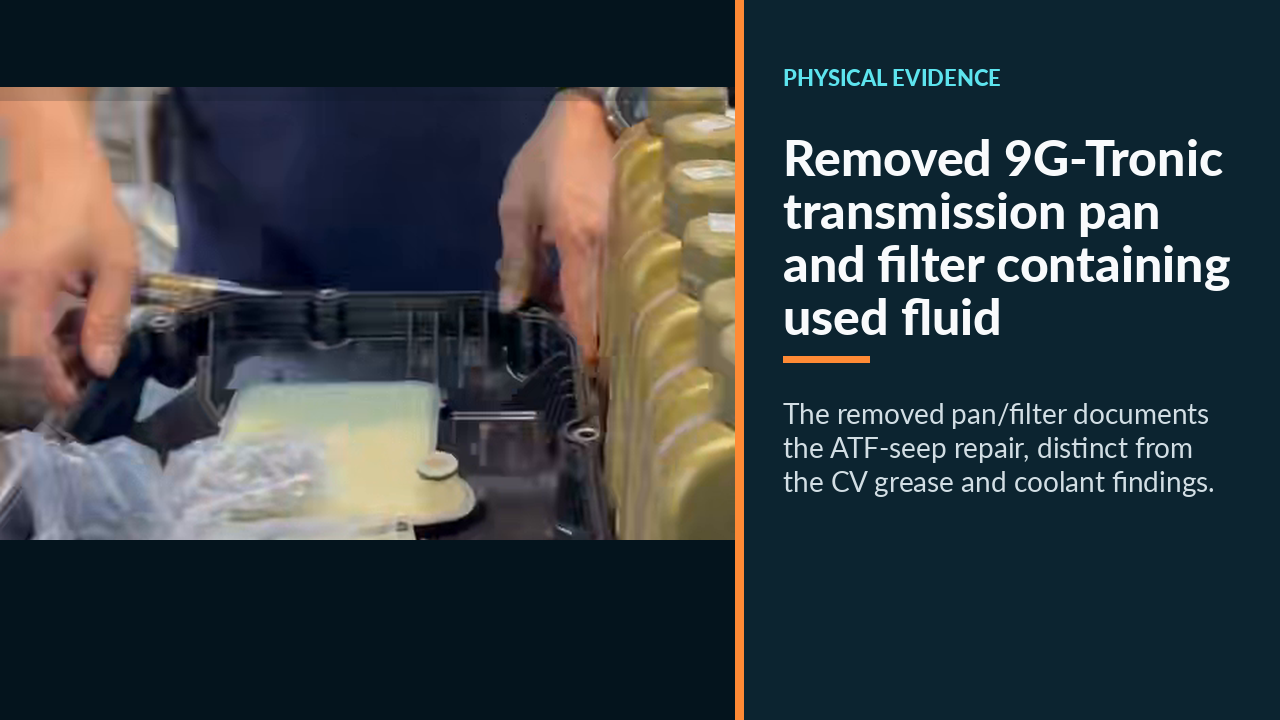 Removed 9G-Tronic transmission pan and filter containing used fluid