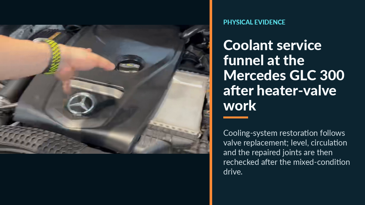Coolant service funnel at the Mercedes GLC 300 after heater-valve work