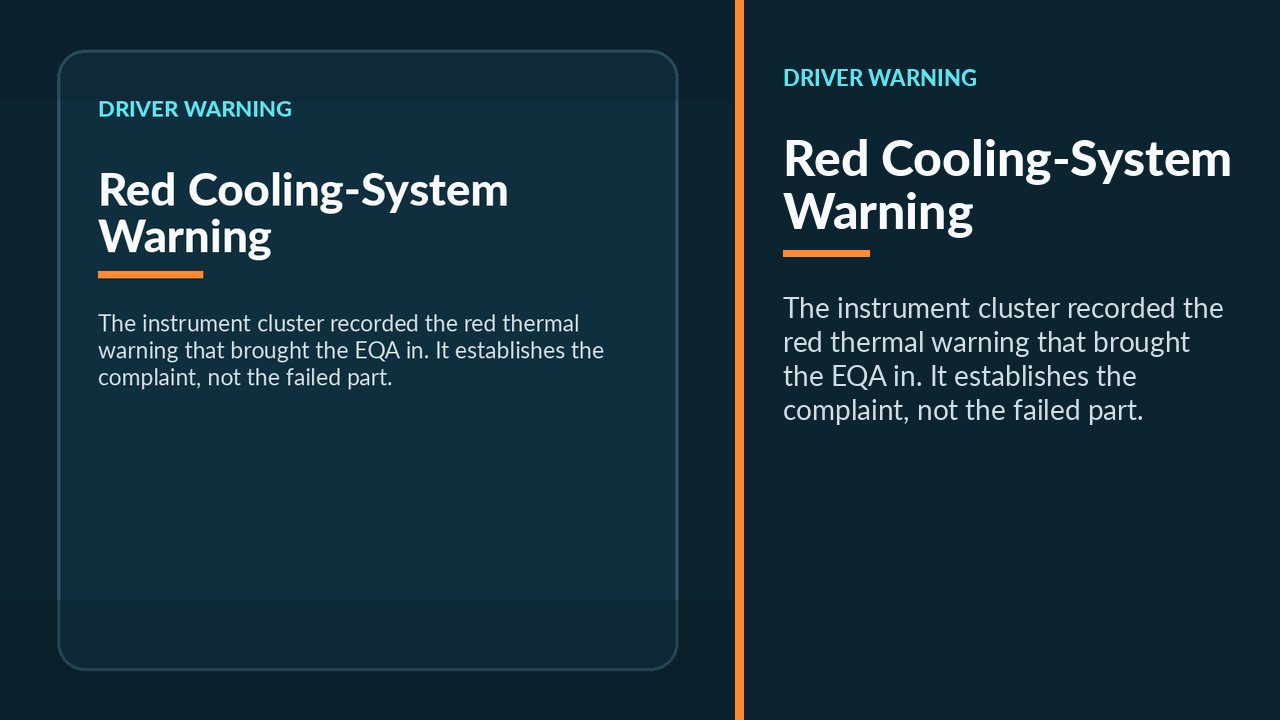 EQA 260 instrument cluster showing the cooling-system warning