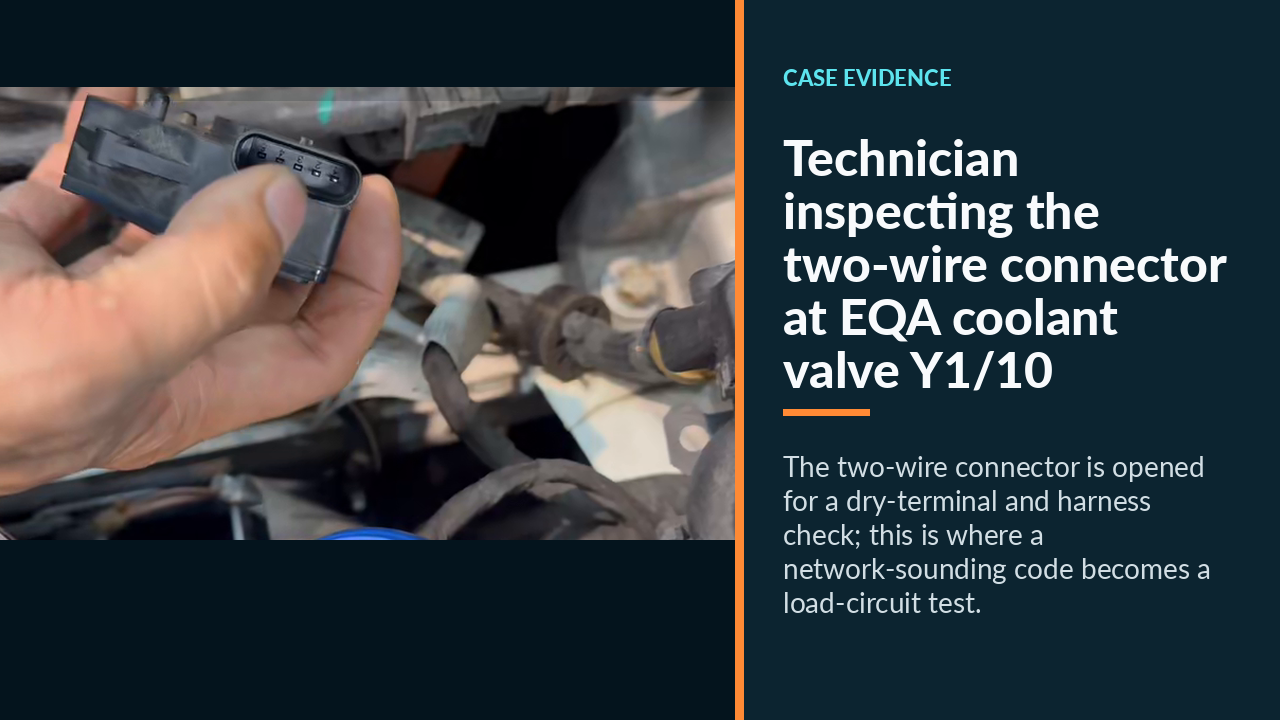 Technician inspecting the two-wire connector at EQA coolant valve Y1/10