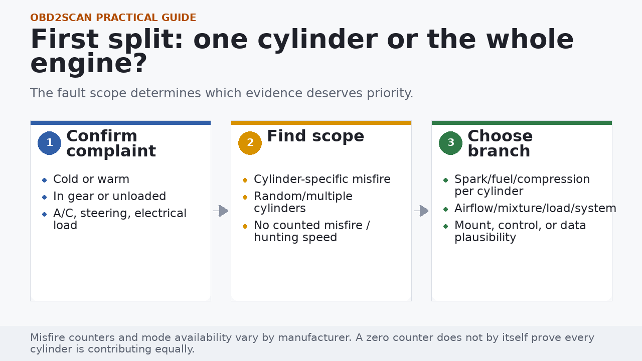 Rough-idle diagnosis split from complaint confirmation to cylinder scope and test branch