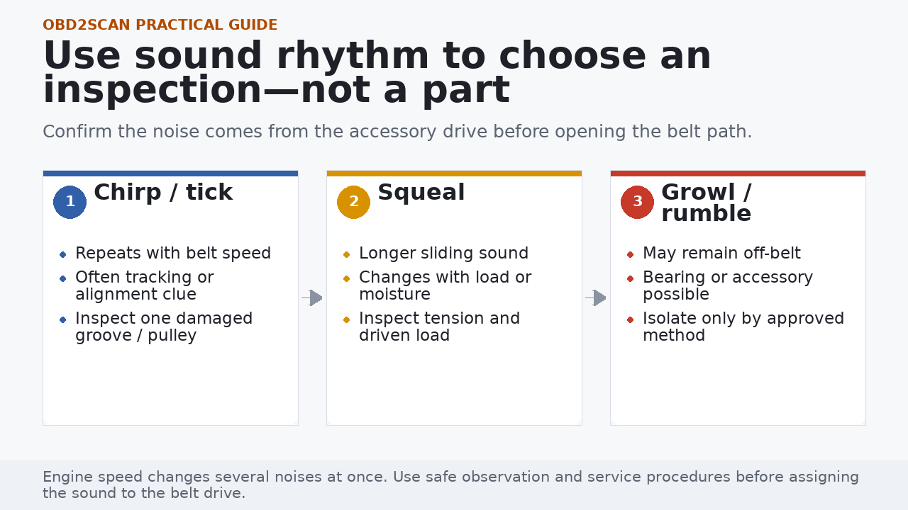 Accessory-belt noise map for chirp, squeal, and growl or rumble