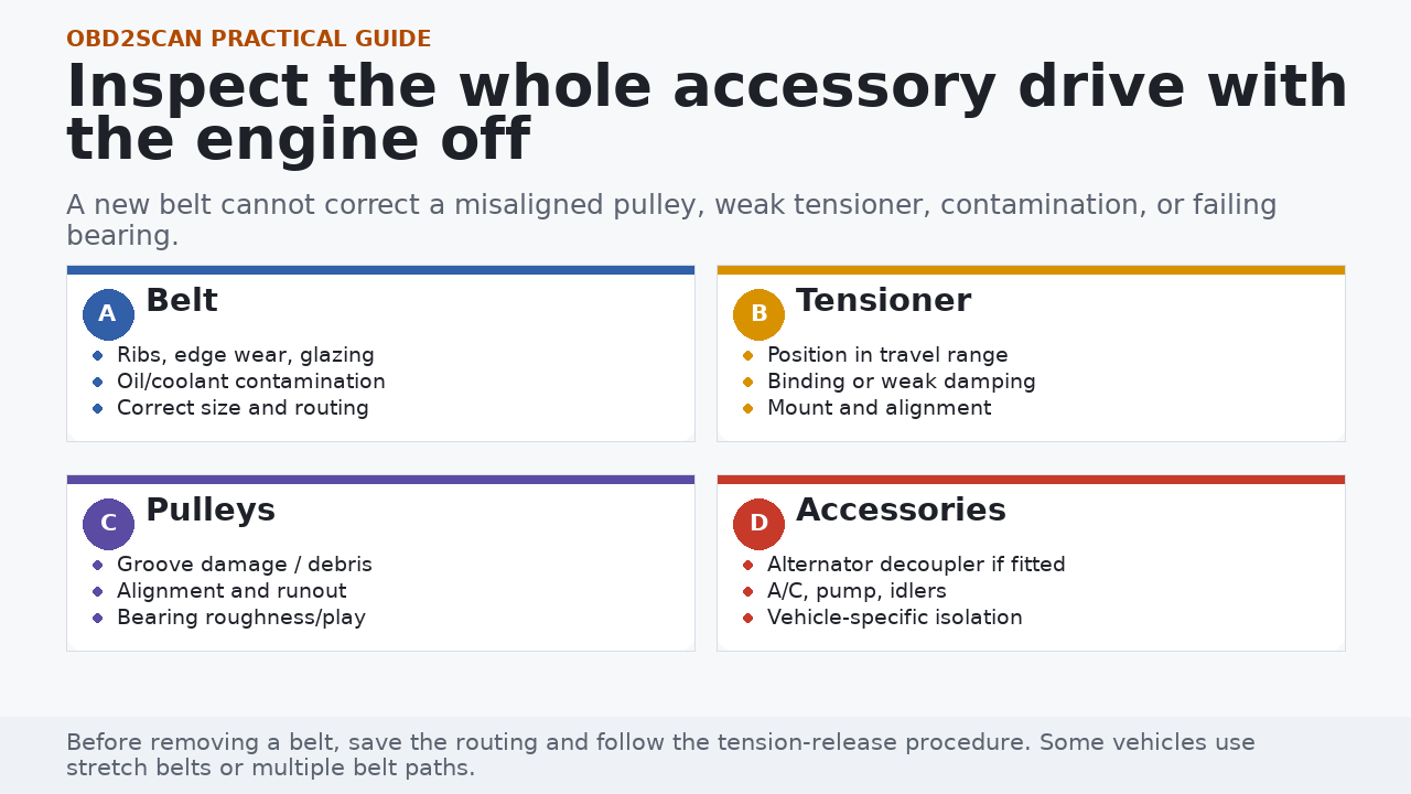 Four-part serpentine belt system inspection for belt, tensioner, pulleys, and accessories