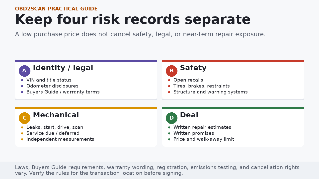 Four used-car purchase risk records for legal identity, safety, mechanical condition, and deal terms