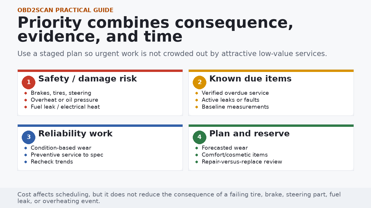 Four time horizons for high-mileage maintenance: now, 30 days, 90 days, and one year