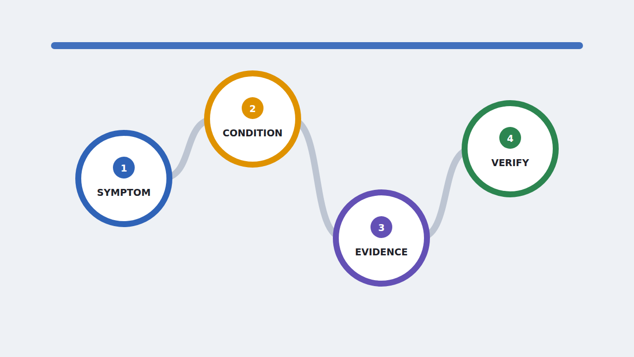 Four-step diagnostic path from symptom and condition to evidence and verification