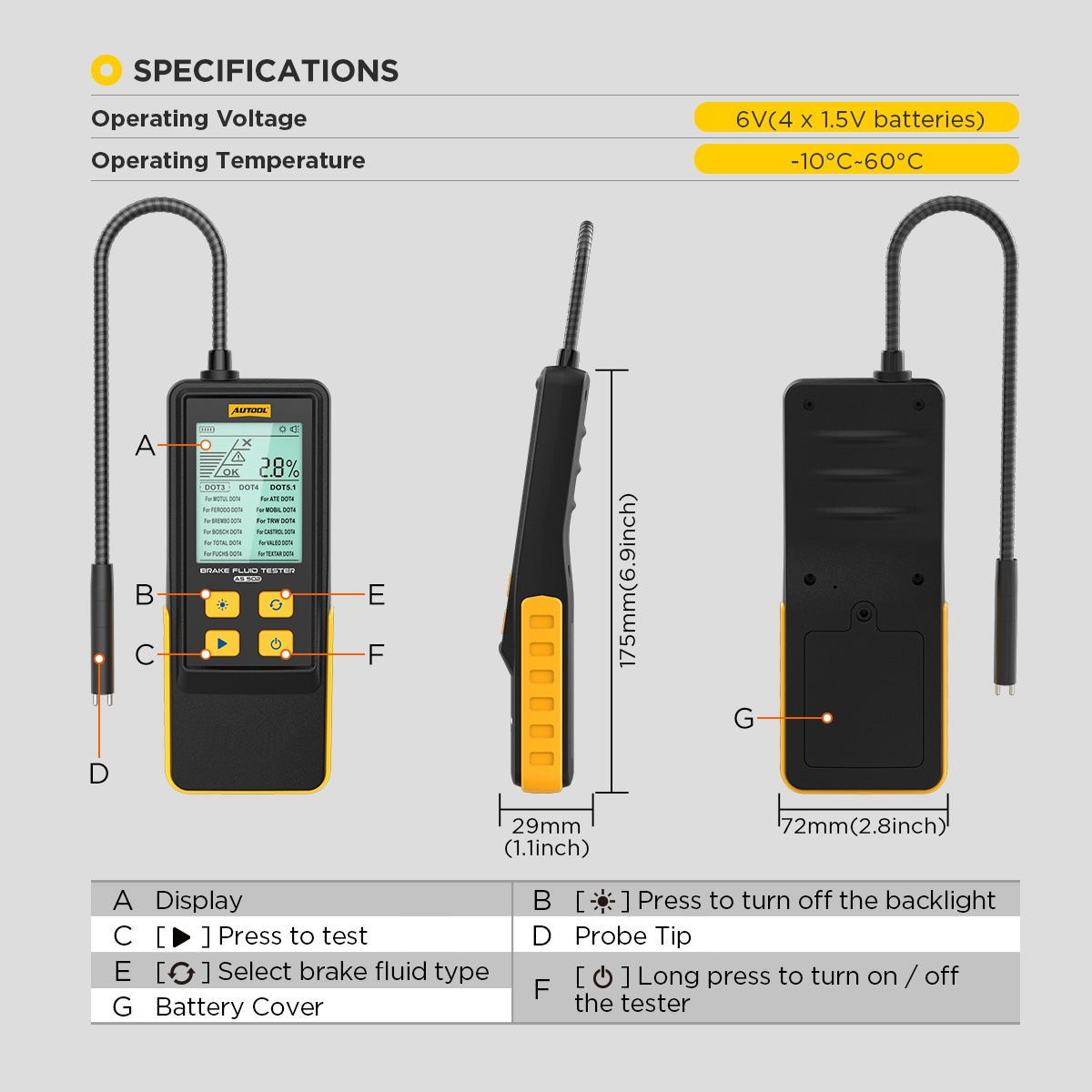 AUTOOL AS502 diagram identifying the probe, screen, backlight, fluid, test and power controls