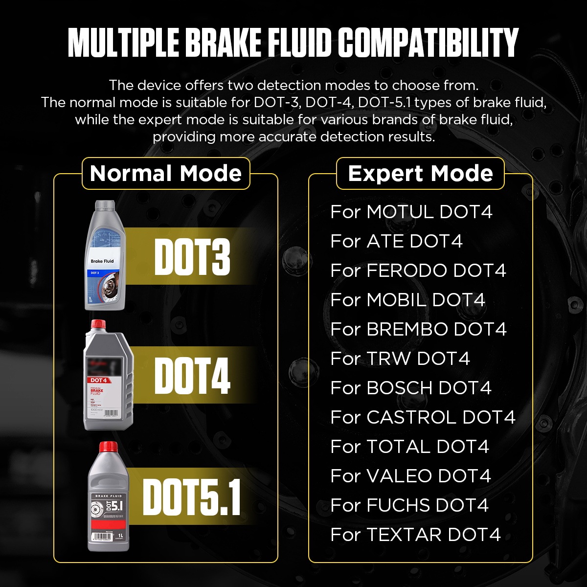 AS502 Normal mode fluid options and selected DOT 4 Expert mode brand menu