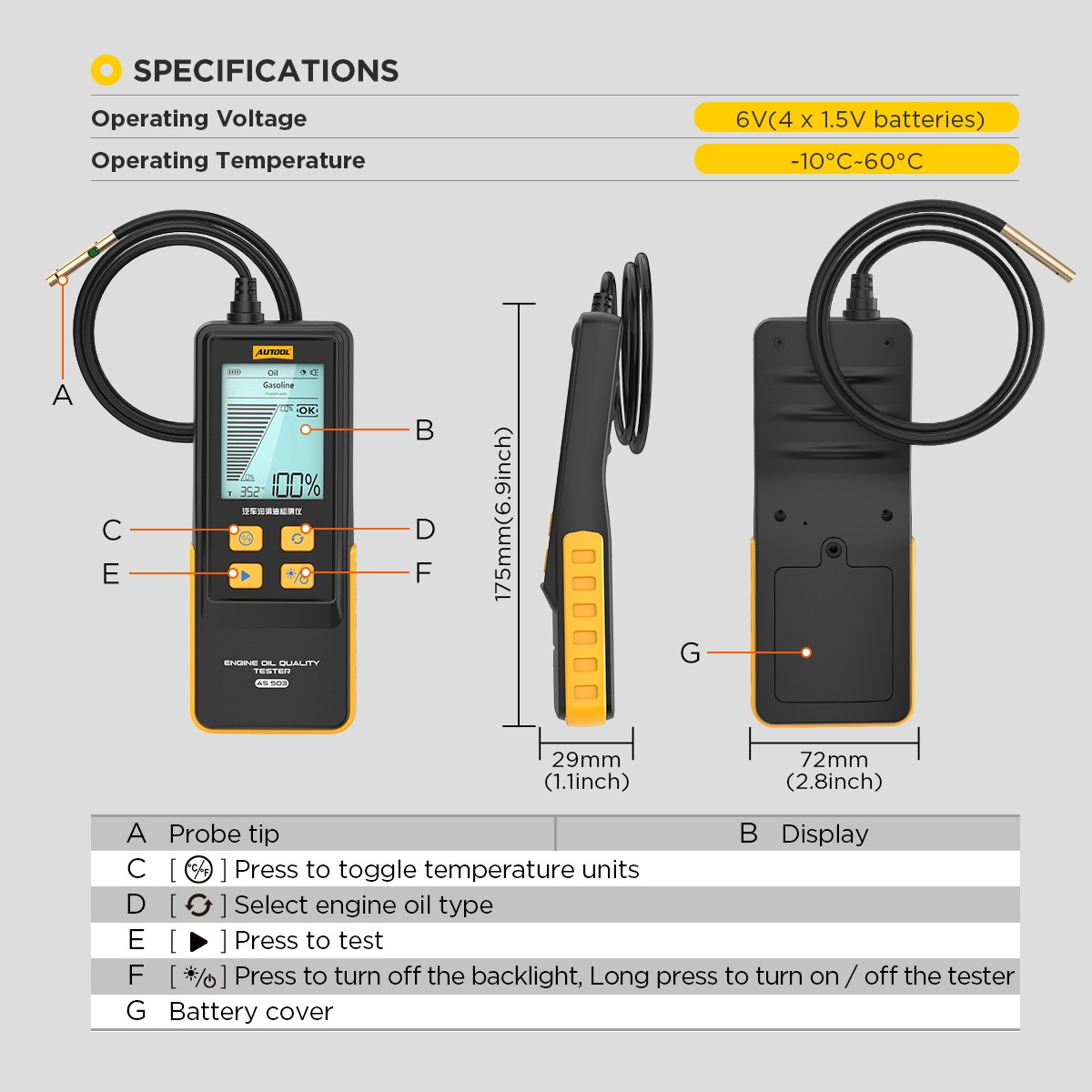AUTOOL AS503 diagram identifying the probe, display, temperature, engine type, test, power and battery controls