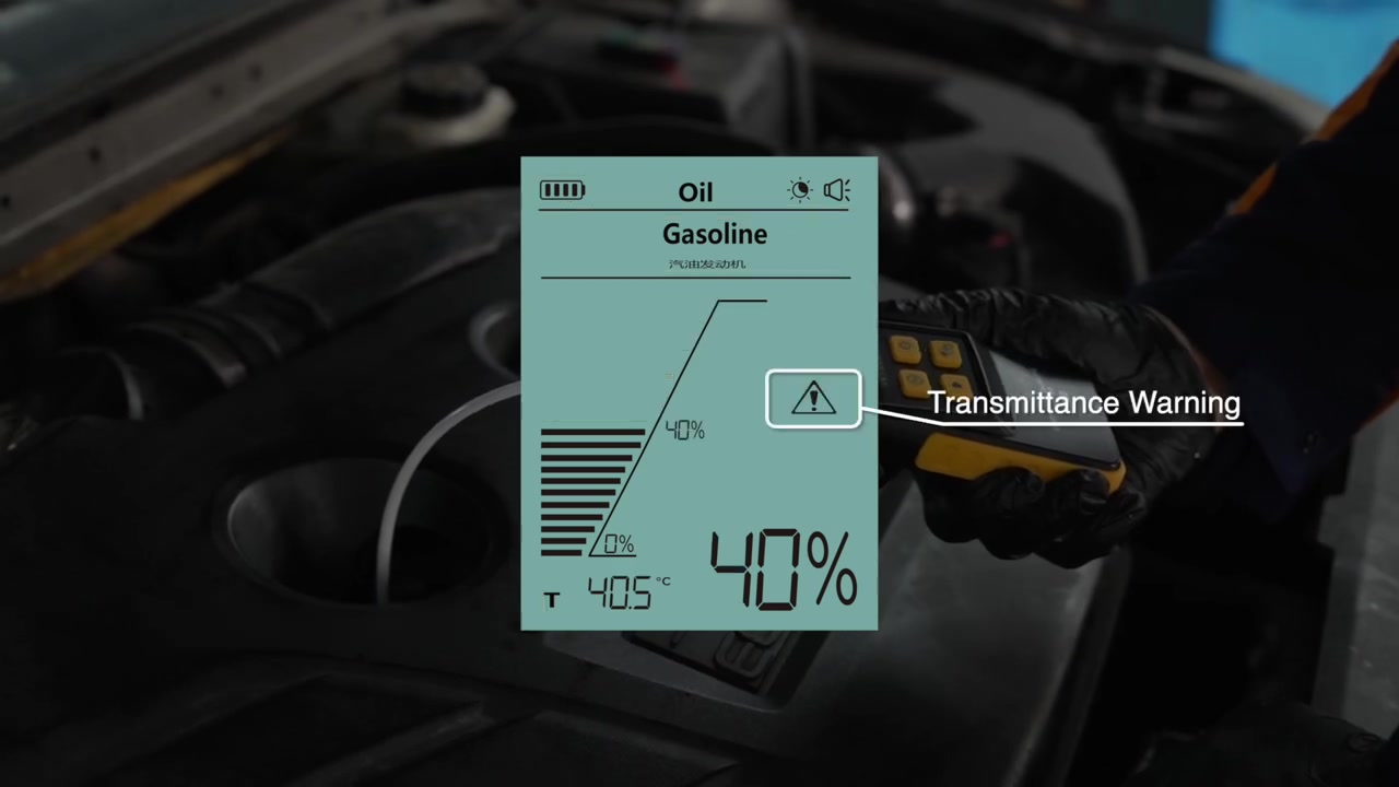 AUTOOL AS503 display example showing 40 percent transmittance and a warning symbol