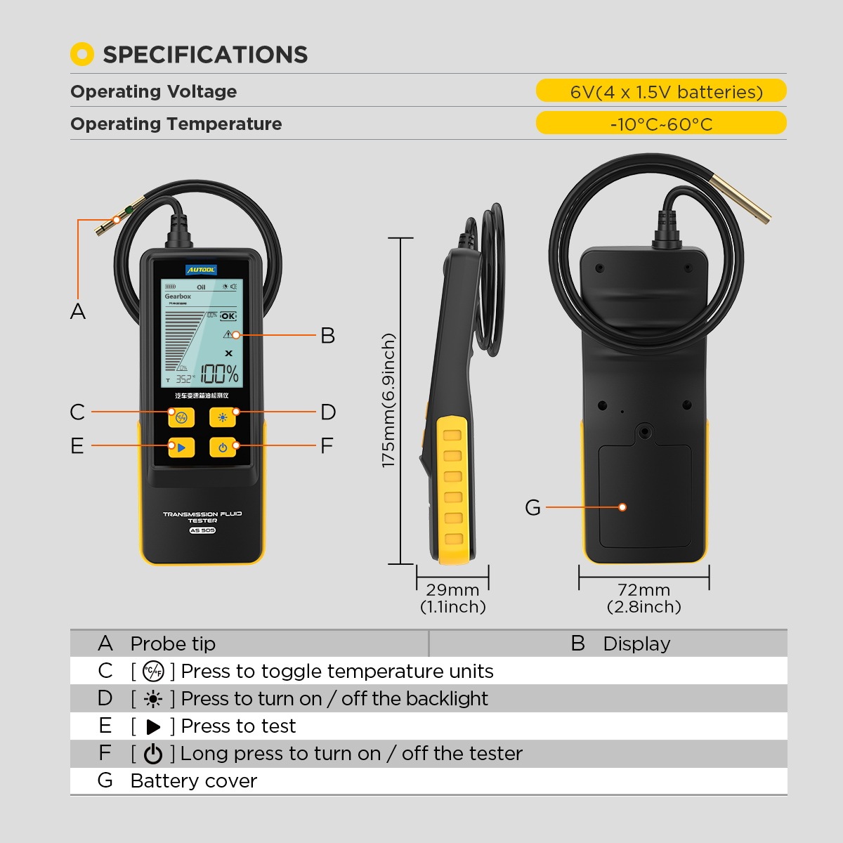 AUTOOL AS505 diagram identifying the probe, display, temperature, backlight, test, power and battery controls