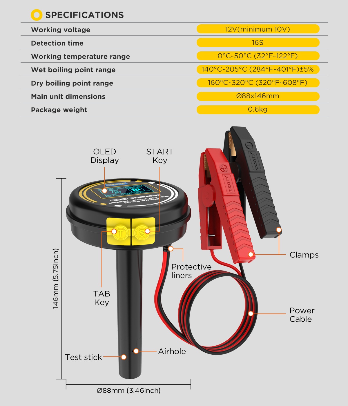 AUTOOL AS506 diagram identifying the OLED display, TAB and START keys, clamps, power cable, test stick and sampling hole