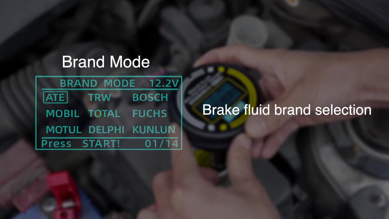 AUTOOL AS506 Brand mode screen showing built-in brake fluid brand choices
