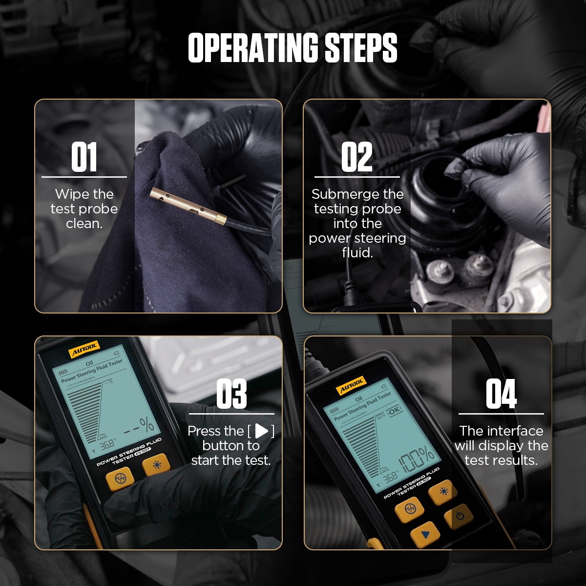 AUTOOL AS507 operating overview showing probe cleaning, reservoir immersion, TEST key and displayed result