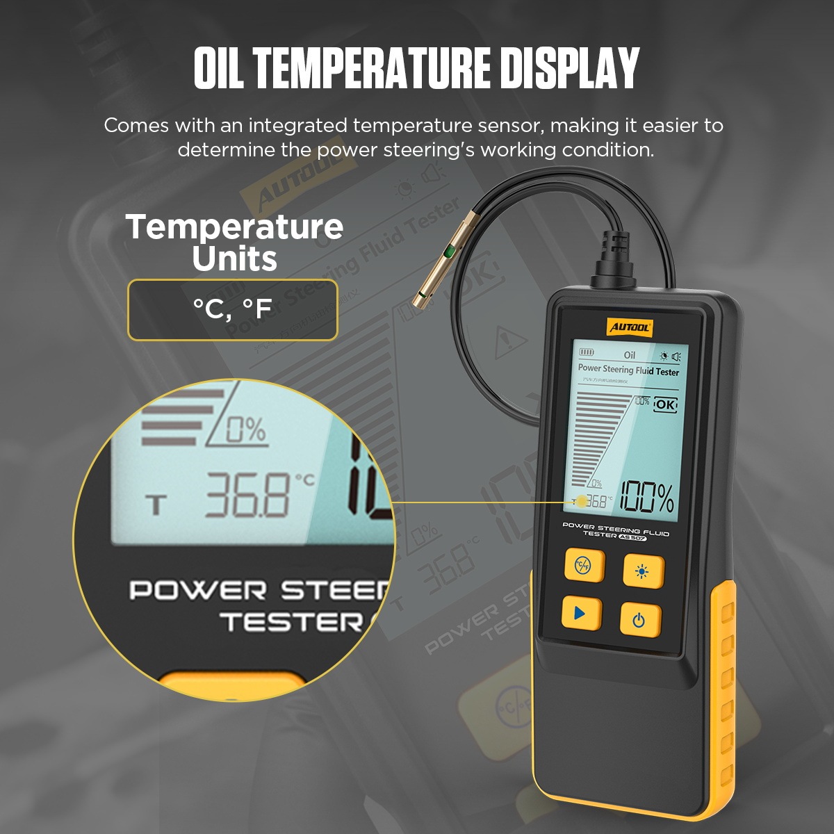 AUTOOL AS507 display highlighting the measured power steering fluid temperature in degrees Celsius