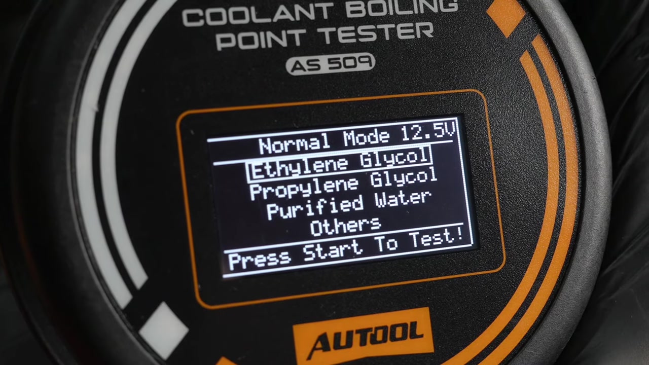 AUTOOL AS509 Normal mode screen showing ethylene glycol, propylene glycol, water and other selections