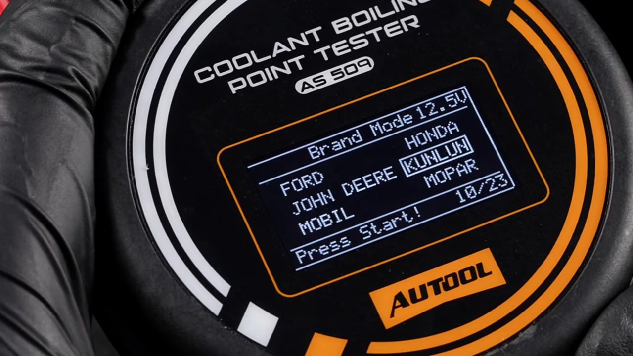 AUTOOL AS509 Brand mode screen showing built-in coolant brand choices