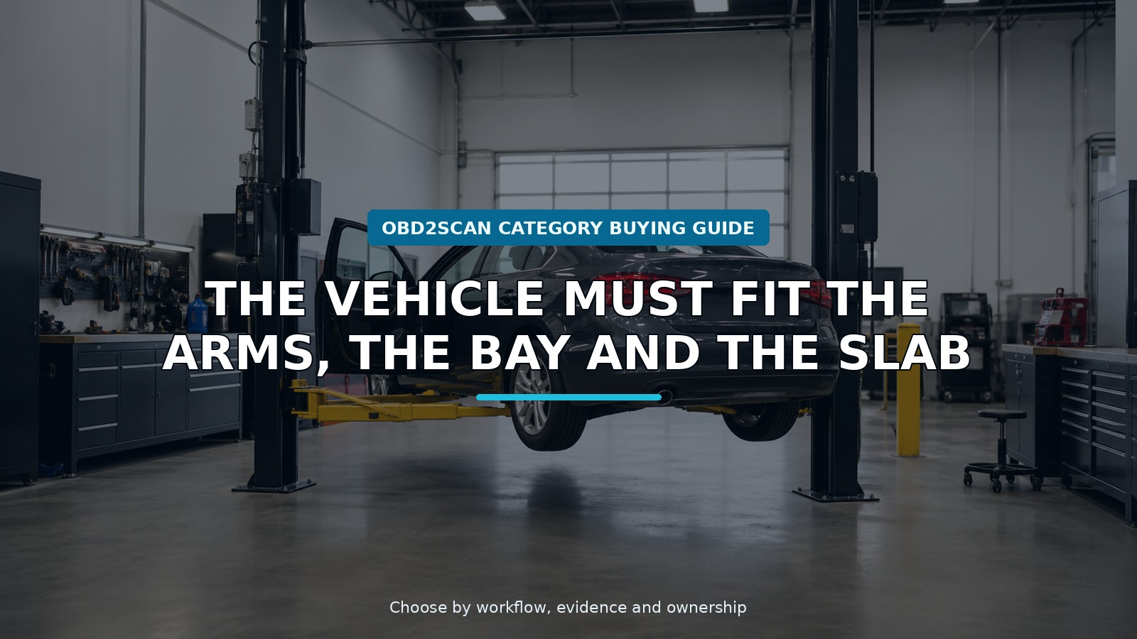 Workshop scene for asymmetric electric-unlock two-post lift buying guide