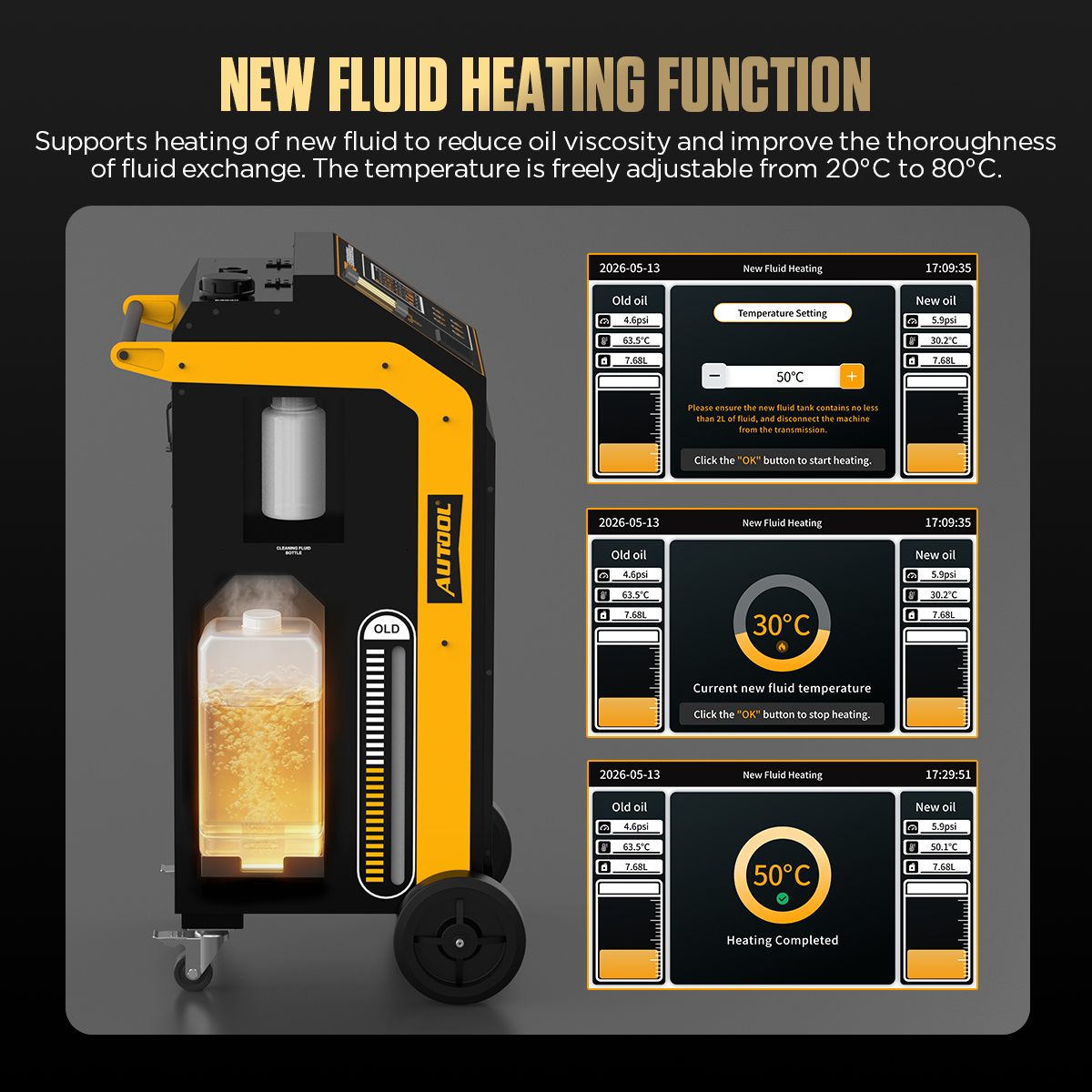 AUTOOL ATF805 new-fluid heating bottle and temperature-setting screens