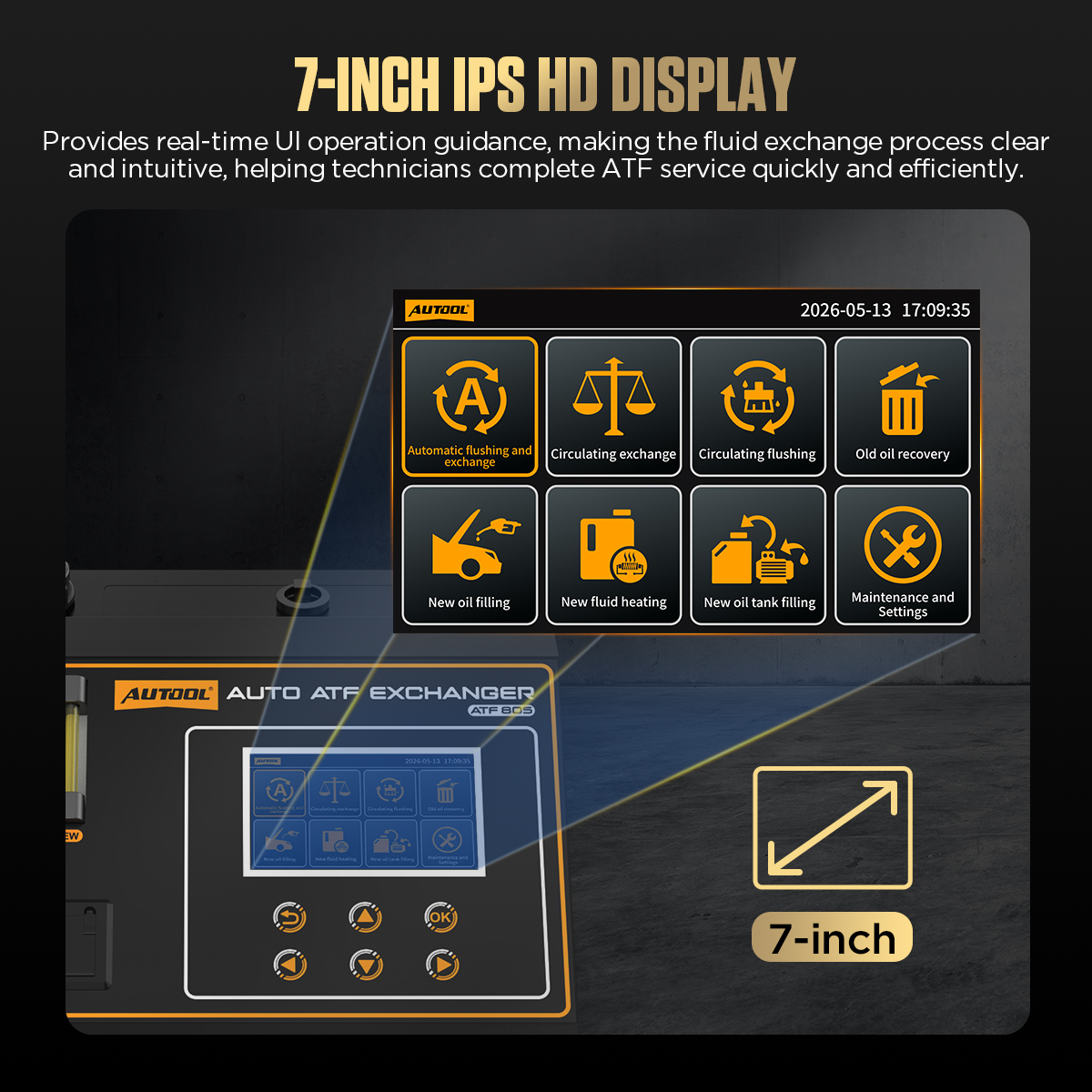AUTOOL ATF805 seven-inch screen showing the exact-model function menu