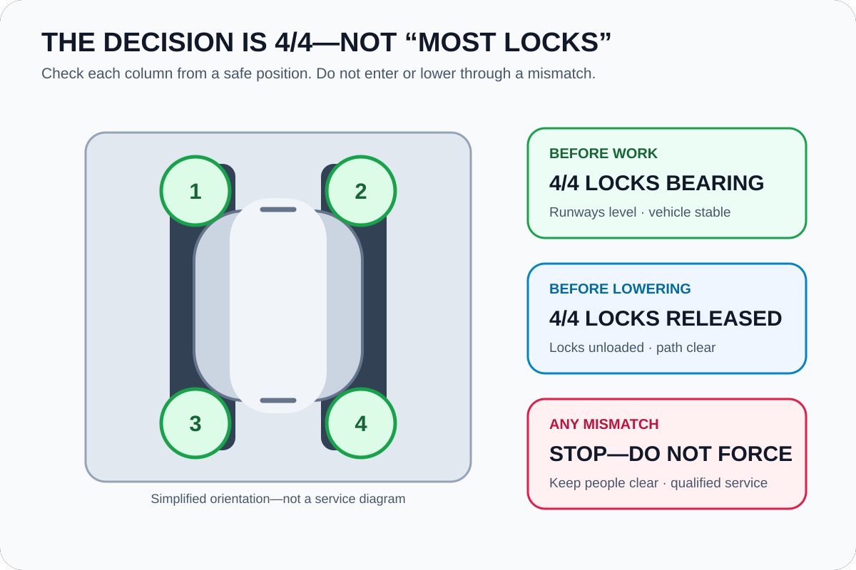 Simplified four-post lift diagram showing four lock positions that must match before work or lowering