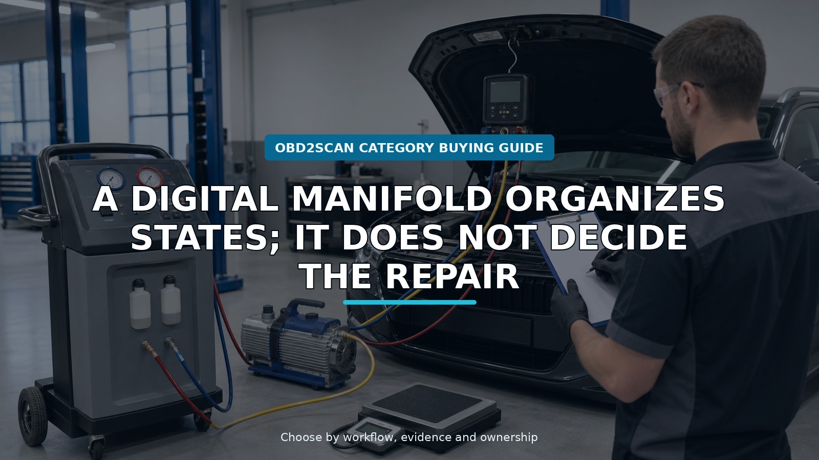 Workshop scene for automotive a/c pressure and vacuum workflow manifold buying guide