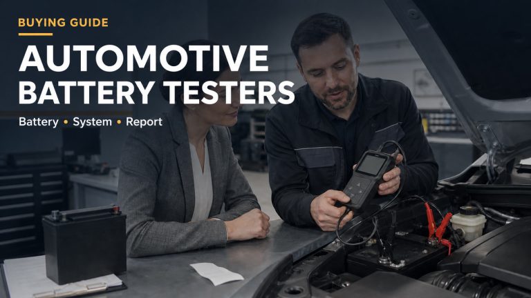 A service advisor and technician reviewing a battery tester under the words Automotive Battery Testers.