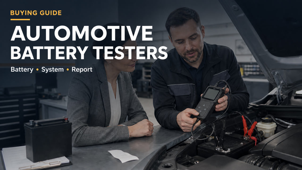 A service advisor and technician reviewing a battery tester under the words Automotive Battery Testers.