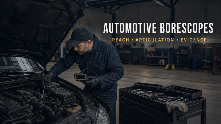 A mobile technician inspecting an engine with a compact automotive borescope
