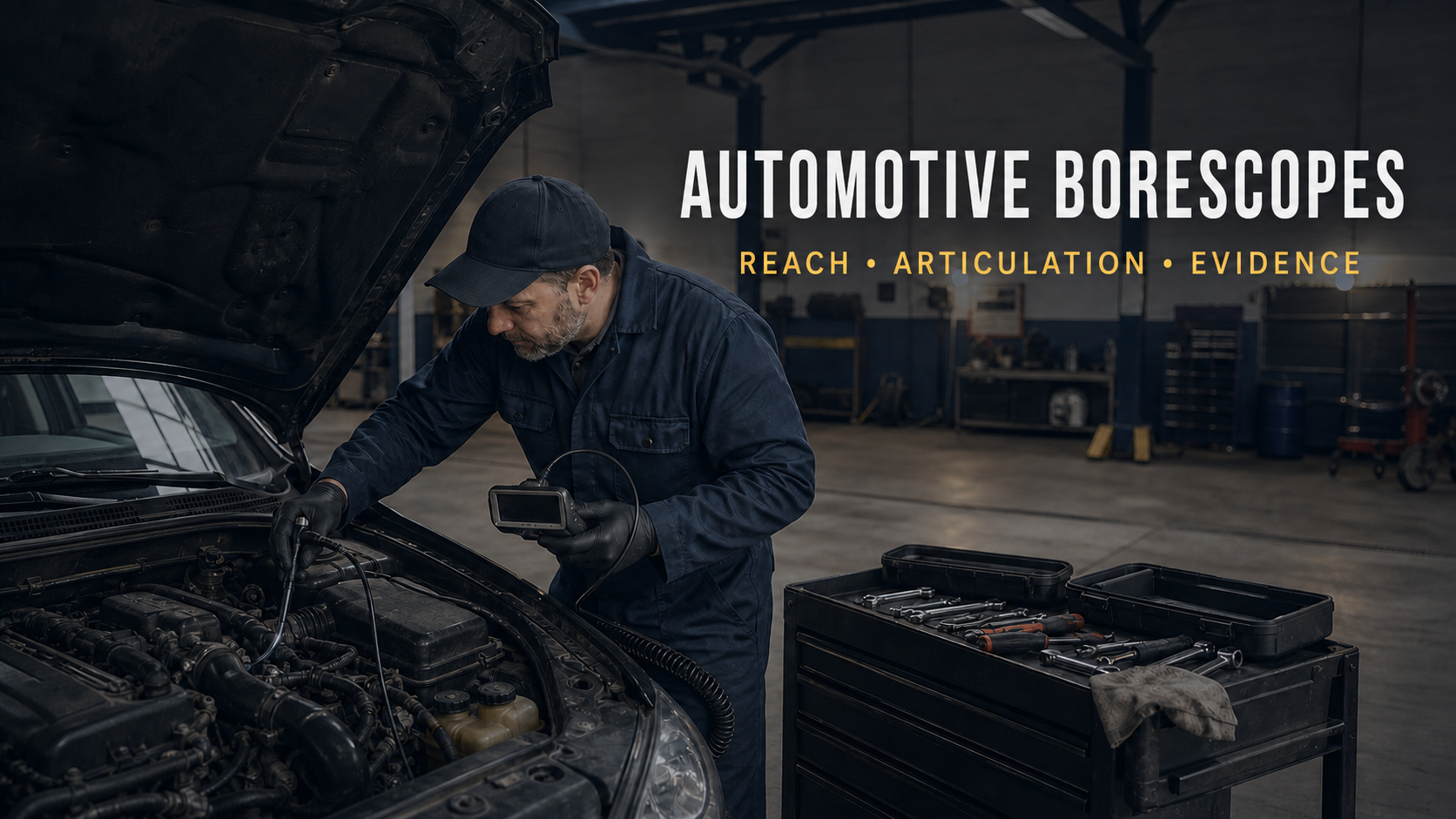 A mobile technician inspecting an engine with a compact automotive borescope
