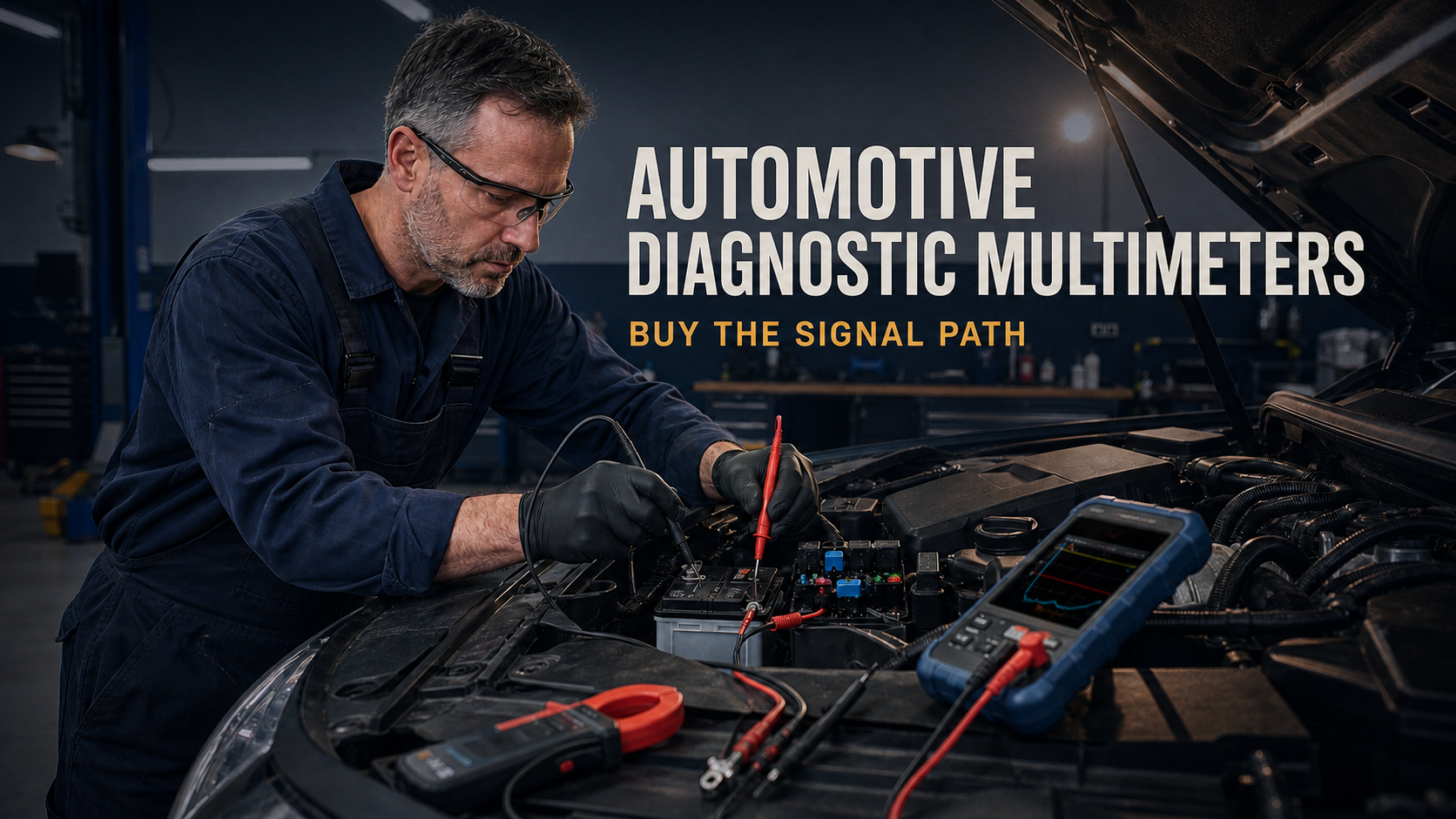 A technician tracing an electrical signal path with an automotive diagnostic multimeter