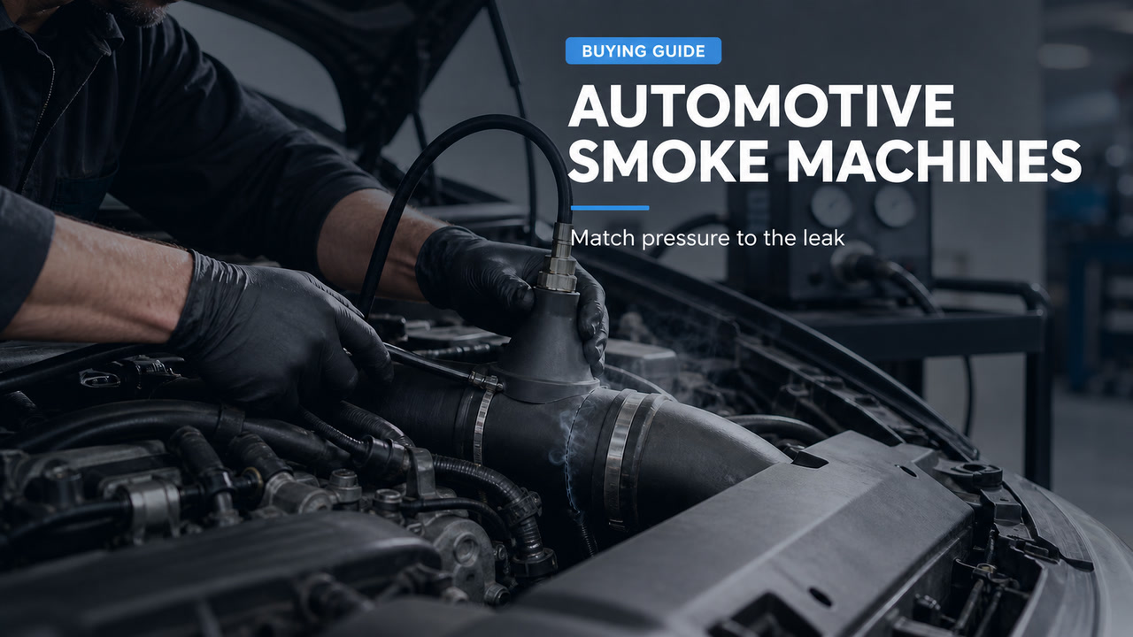 A technician tracing smoke at an intake hose under the words Automotive Smoke Machines.